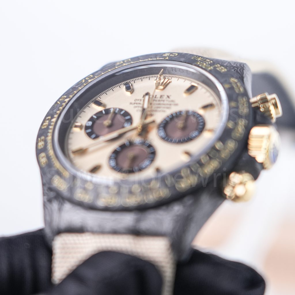 Rolex Daytona DiW "Desert Eagle" Carbon Fiber Beige Dial Carbon Fiber Bezel Beige Fabric Strap 40mm Replica Watches - 4