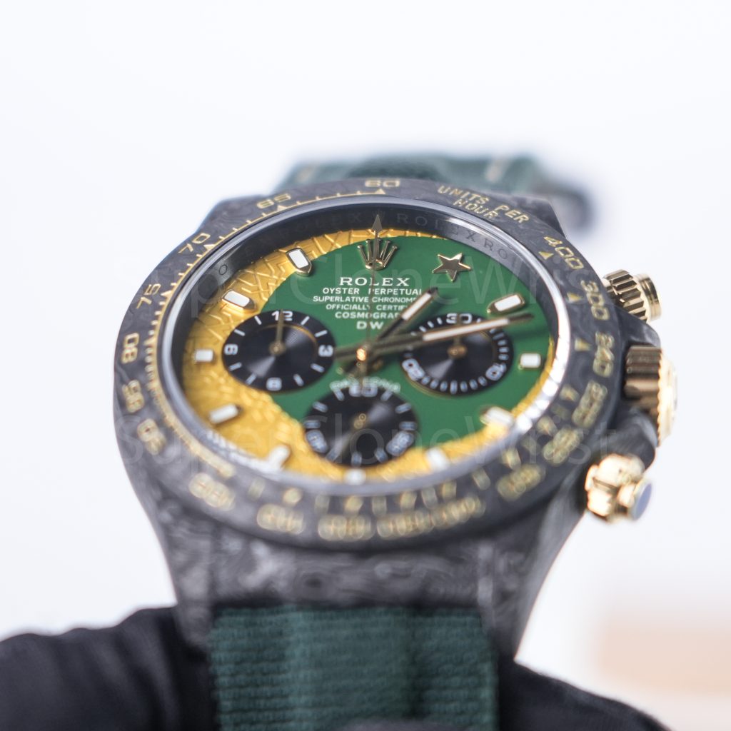 Rolex Daytona DiW Ramadan Carbon Fiber Green Gold Dial Carbon Fiber Bezel Green Fabric Strap 40mm Replica Watches - 4