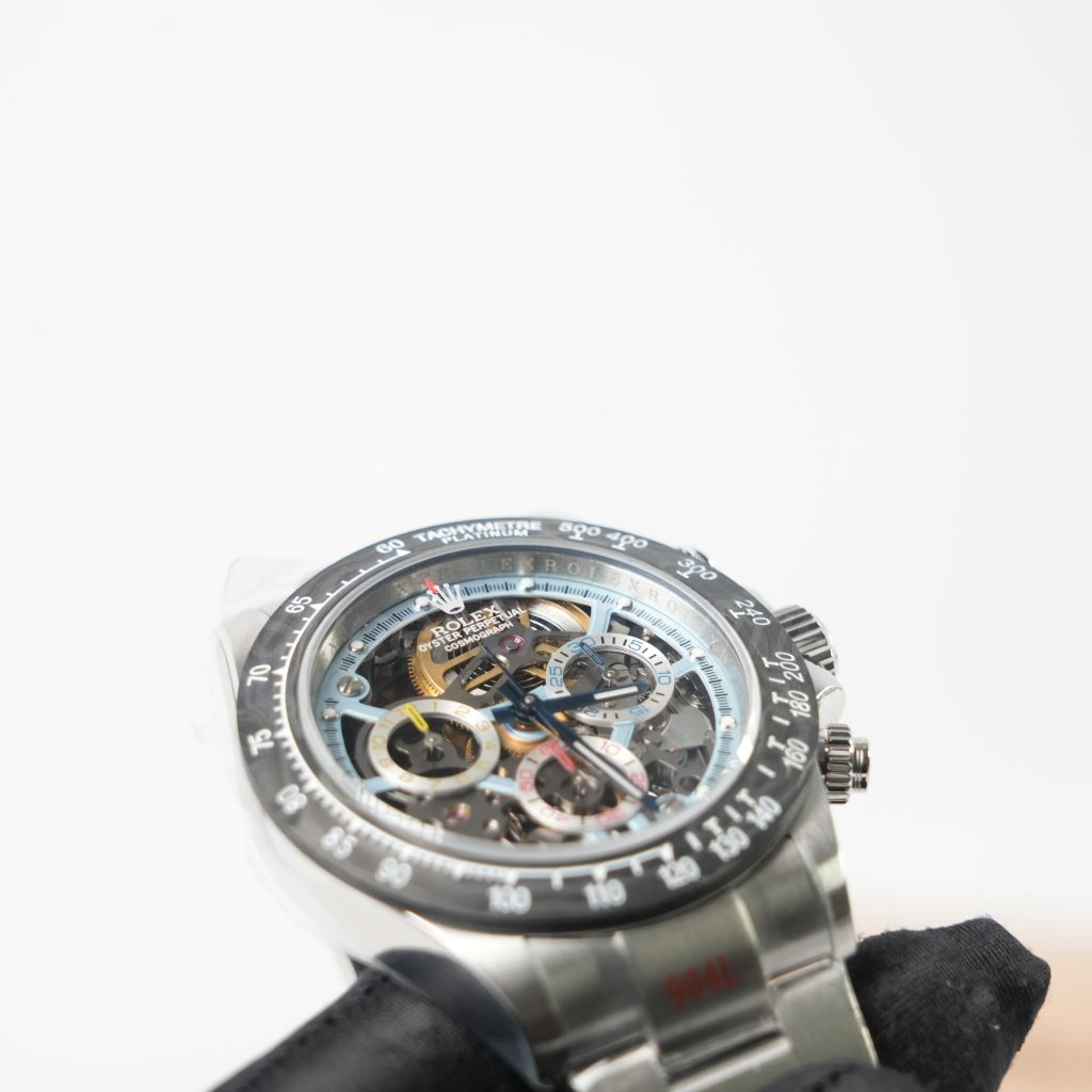 Rolex Daytona Steel Skeleton Ice Blue Dial Carbon Bezel Steel Oyster Bracelet 40mm Replica Watches - 4