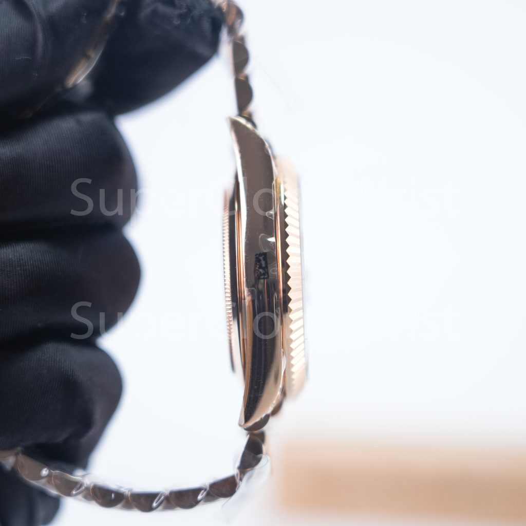 Rolex Day-Date 228235 Rose Gold Chocolate Sunray Baguette Diamond Dial Fluted Bezel President Bracelet 40mm Replica Watches - 5