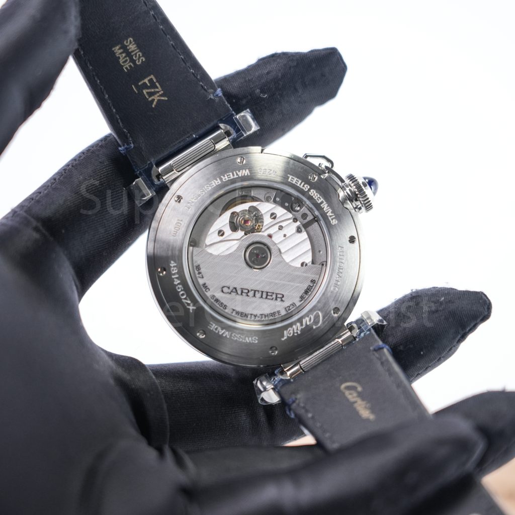 Cartier Pasha de Cartier Steel White Dial Steel Bezel Blue Alligator Leather Strap 41mm Replica Watches - 6