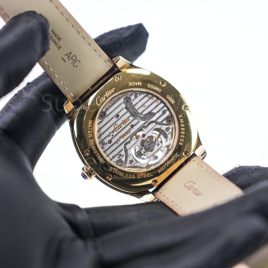 Cartier Drive de Cartier Yellow Gold Smooth Bezel Cushion Case White Dial Tourbillon Brown Alligator Leather Strap 40mm Replica Watches - 6