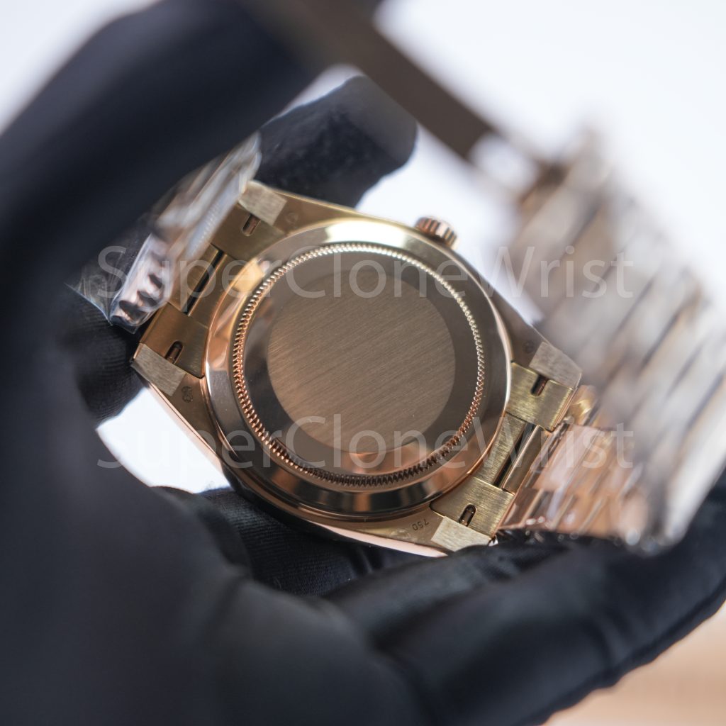 Rolex Day-Date 228235 Rose Gold Chocolate Sunray Baguette Diamond Dial Fluted Bezel President Bracelet 40mm Replica Watches - 6