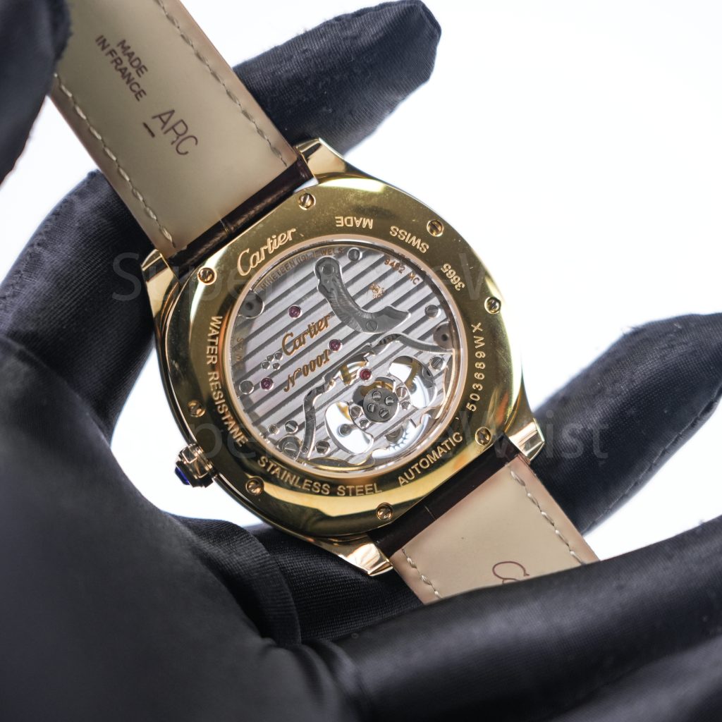 Cartier Drive de Cartier Yellow Gold Smooth Bezel Cushion Case White Dial Tourbillon Brown Alligator Leather Strap 40mm Replica Watches - 7