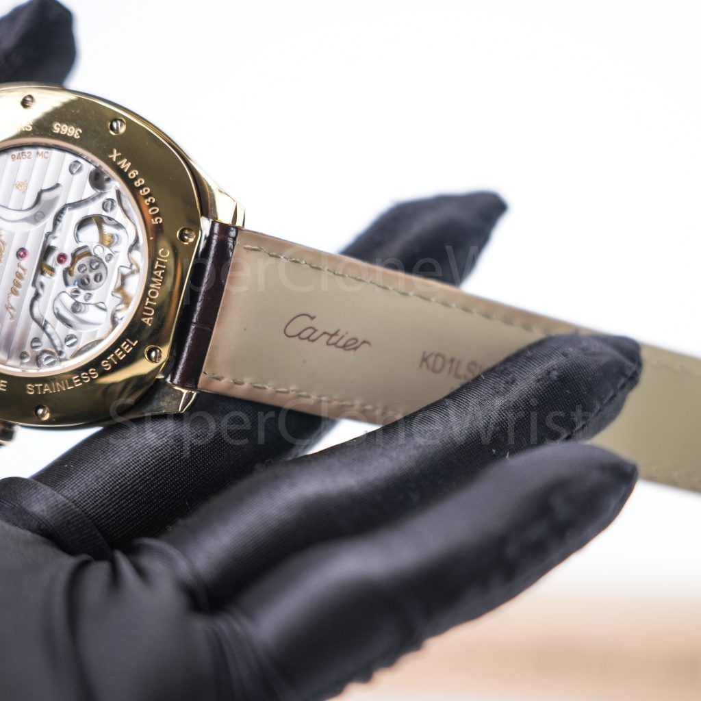 Cartier Drive de Cartier Yellow Gold Smooth Bezel Cushion Case White Dial Tourbillon Brown Alligator Leather Strap 40mm Replica Watches - 8