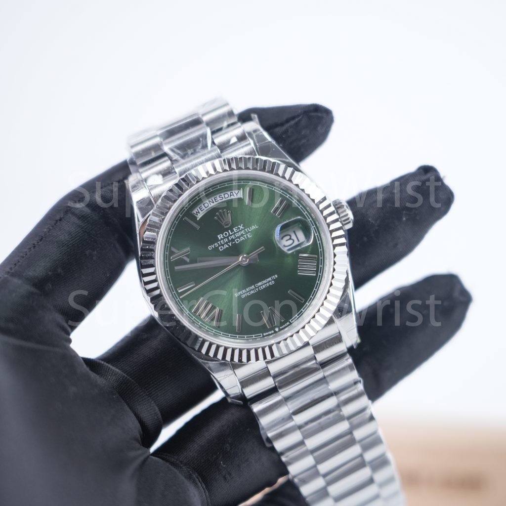 Rolex Day-Date 228239 Steel Green Sunray Roman Dial Fluted Bezel President Bracelet 40mm Replica Watches - DSC05642