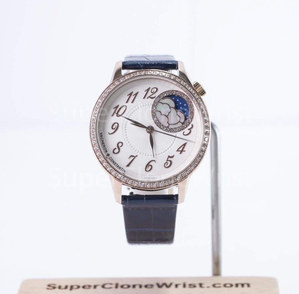 Vacheron Constantin Égérie 8005F/000R-B498 Rose Gold Silver Guilloché Dial Diamond Bezel Blue Leather Strap 35mm Replica Watches - 1