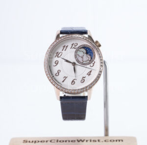 Vacheron Constantin Égérie 8005F/000R-B498 Rose Gold Silver Guilloché Dial Diamond Bezel Blue Leather Strap 35mm Replica Watches - 1