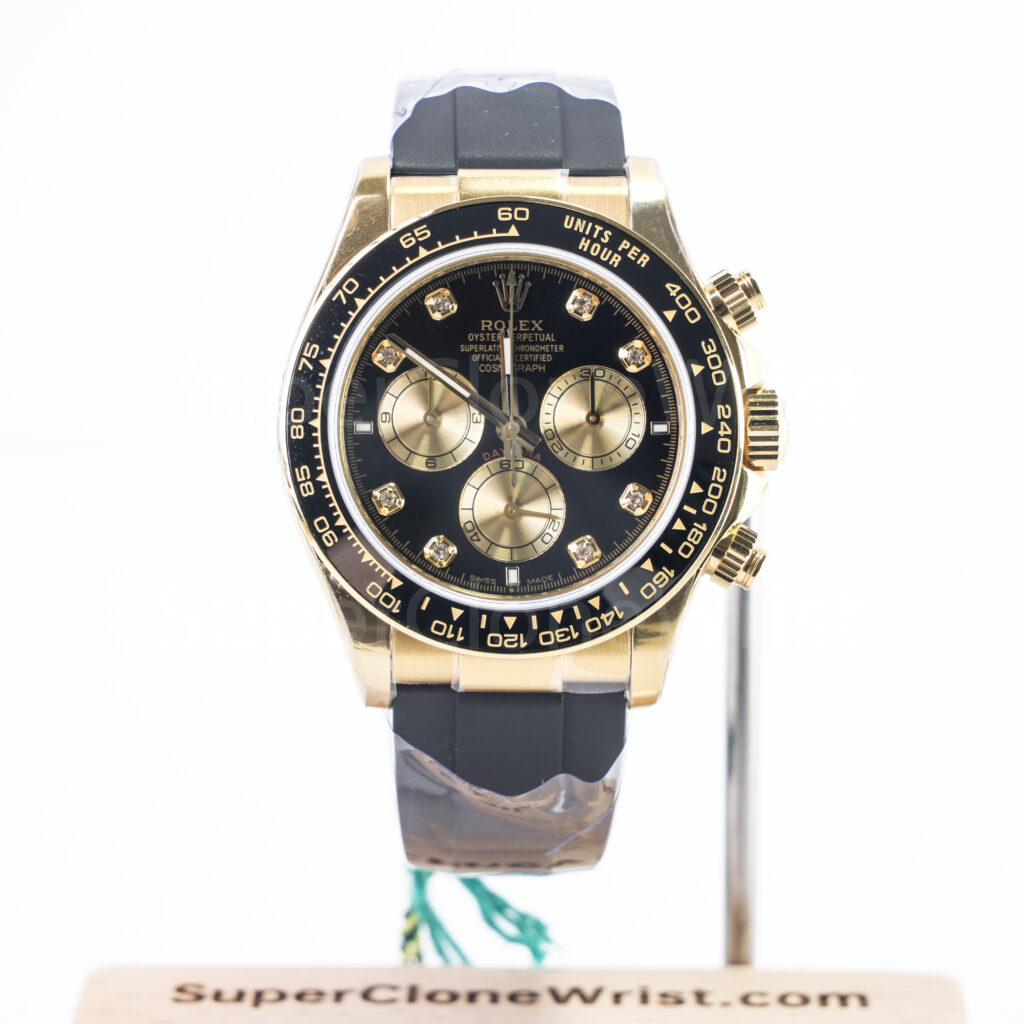 Rolex Cosmograph Daytona 126518LN 18K Yellow Gold Black Diamond Dial Ceramic Bezel Oysterflex Strap 40mm Replica Watches - 1