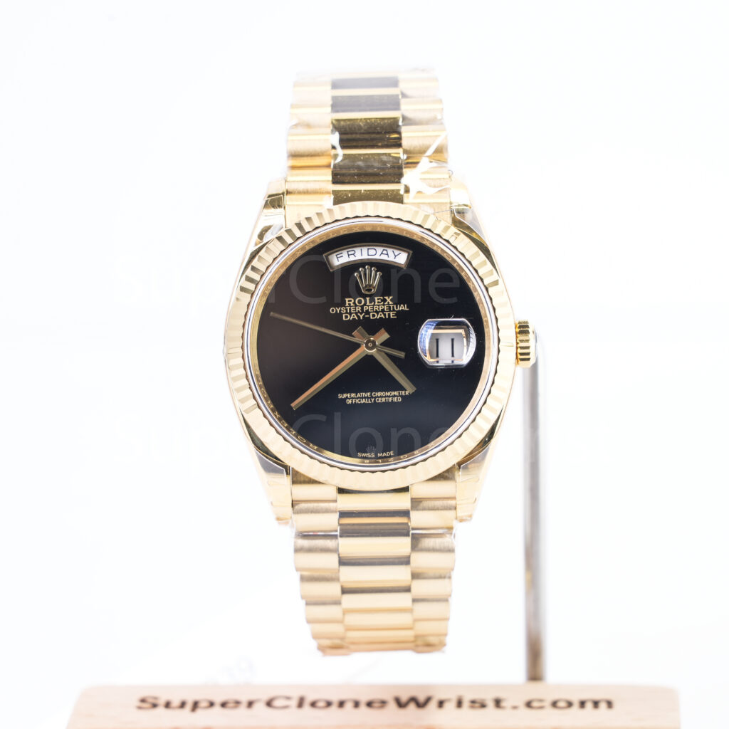 Rolex Day-Date 36 18238 18K Yellow Gold Black Onyx Dial Fluted Bezel President Bracelet Replica Watches - 1