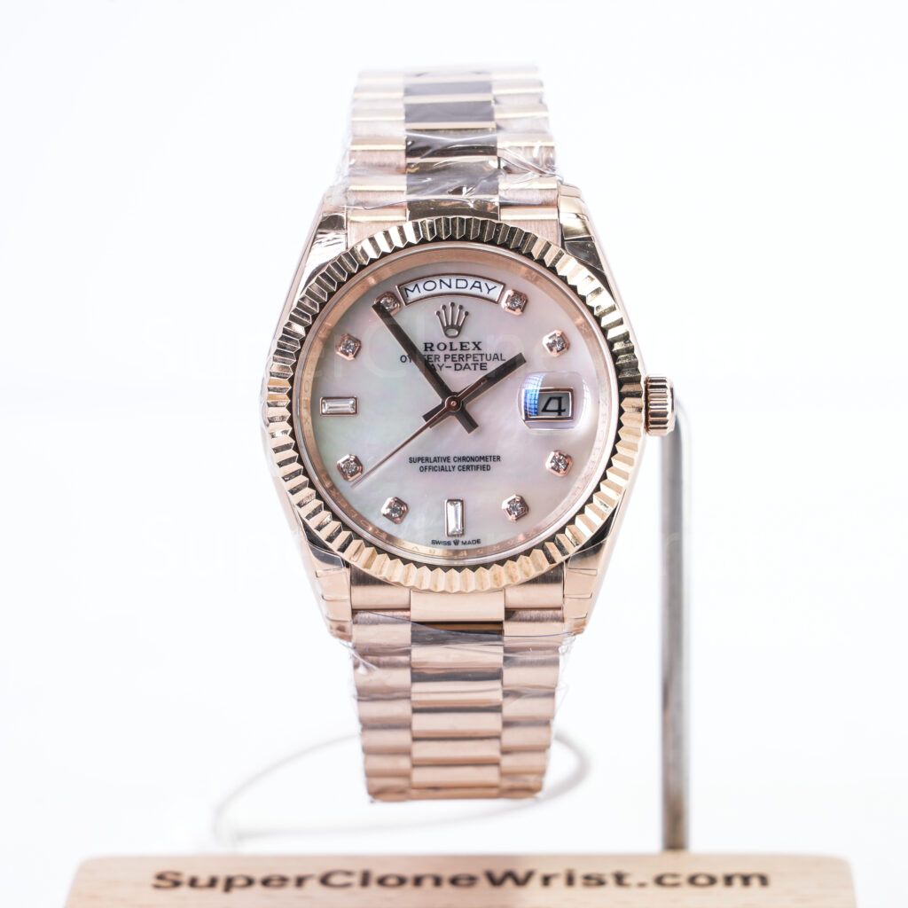 Rolex Day-Date 228235 Rose Gold Mother of Pearl Diamond Dial Fluted Bezel President Bracelet 40mm Replica Watches - 1