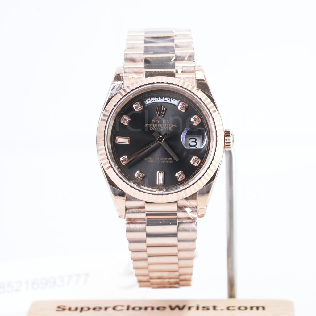 Rolex Day-Date 40 228235 Rose Gold Dark Grey Diamond Dial Fluted Bezel President Bracelet Replica Watches - 1