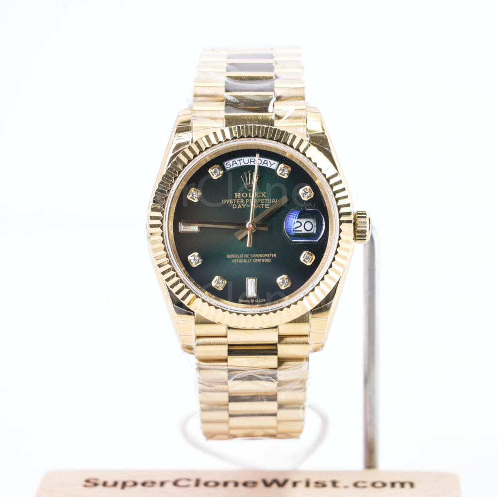 Rolex Day-Date 228238 Yellow Gold Green Ombre Diamond Dial Fluted Bezel President Bracelet 40mm Replica Watches - 1