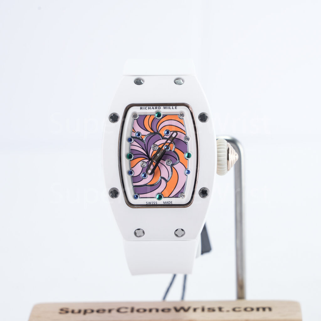 Richard Mille Bonbon RM 07-03 Steel(Ceramic-finish) Swirl Dial Steel Bezel White Rubber Strap 31mm Replica Watches - 1