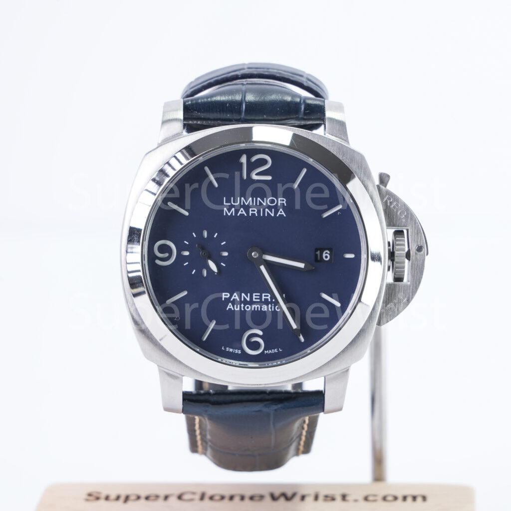 Panerai Luminor Marina PAM01313 Steel Blue Sunray Dial Polished Bezel Dark Blue Alligator Leather Strap 44mm Replica Watches - 1