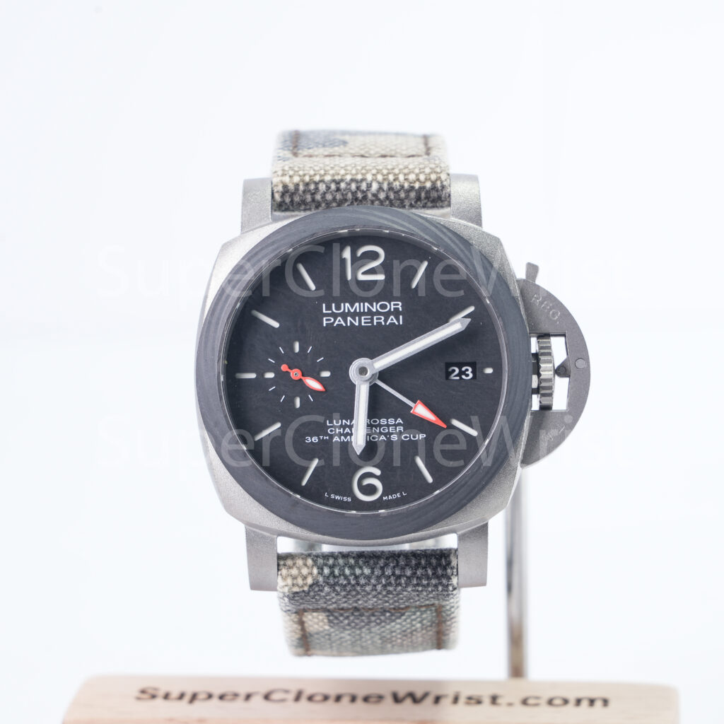 Panerai Luminor Luna Rossa GMT PAM01096 Titanium Scafotech Dial Carbotech Bezel Grey Fabric Strap 42mm Replica Watches - 1