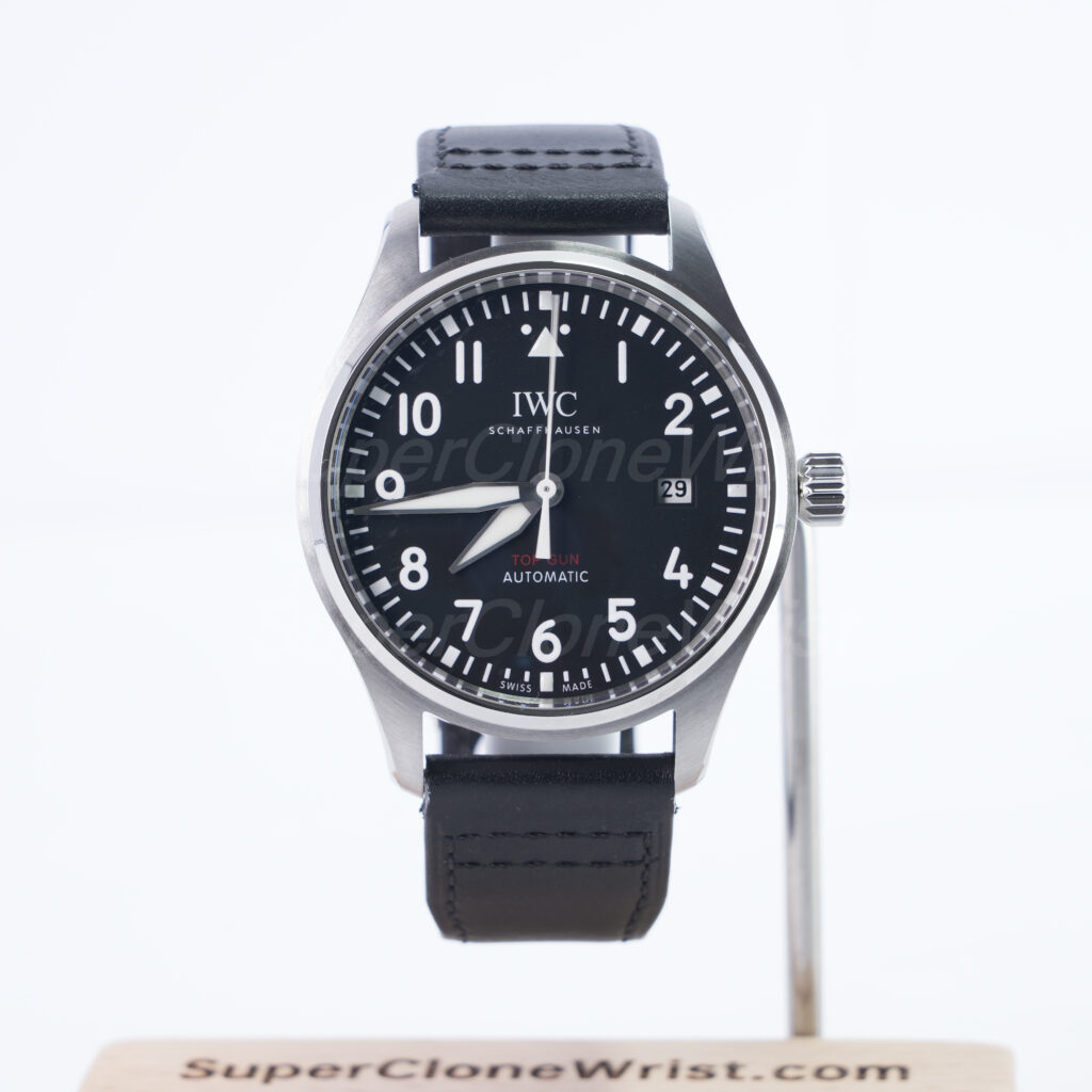 IWC Pilot's Watch Automatic TOP GUN Steel Model Black Dial Black Leather Strap 41mm Replica Watches - 1