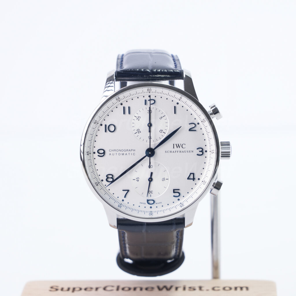 IWC Portugieser Chronograph Steel Model Silver Dial Blue Leather Strap 41mm Replica Watches - 1