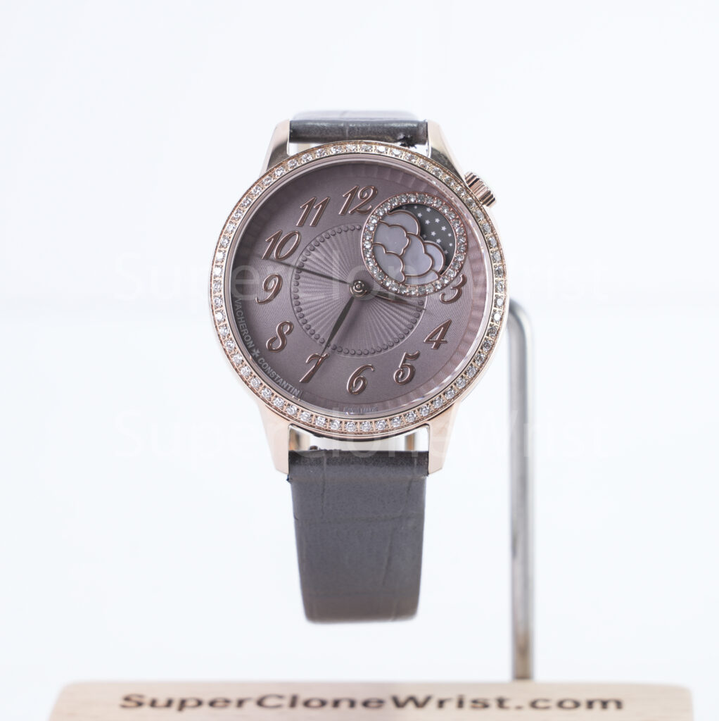 Vacheron Constantin Égérie 8005F/000R-B958 Rose Gold Pink-Purple Guilloché Dial Diamond Bezel Grey Leather Strap 35mm Replica Watches - 1
