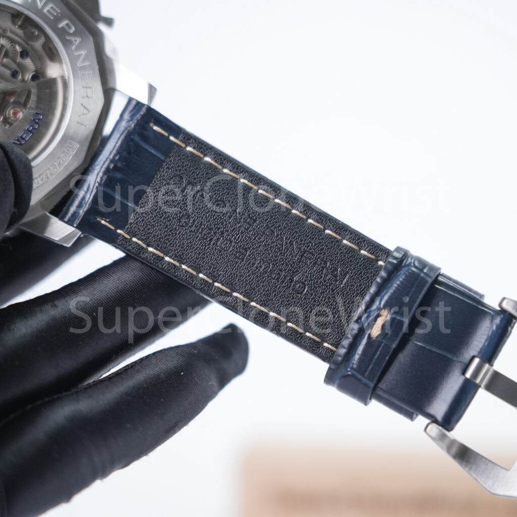Panerai Luminor Marina PAM01313 Steel Blue Sunray Dial Polished Bezel Dark Blue Alligator Leather Strap 44mm Replica Watches - 10
