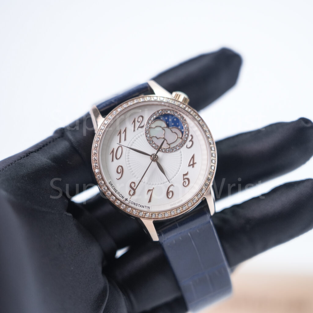 Vacheron Constantin Égérie 8005F/000R-B498 Rose Gold Silver Guilloché Dial Diamond Bezel Blue Leather Strap 35mm Replica Watches - 2