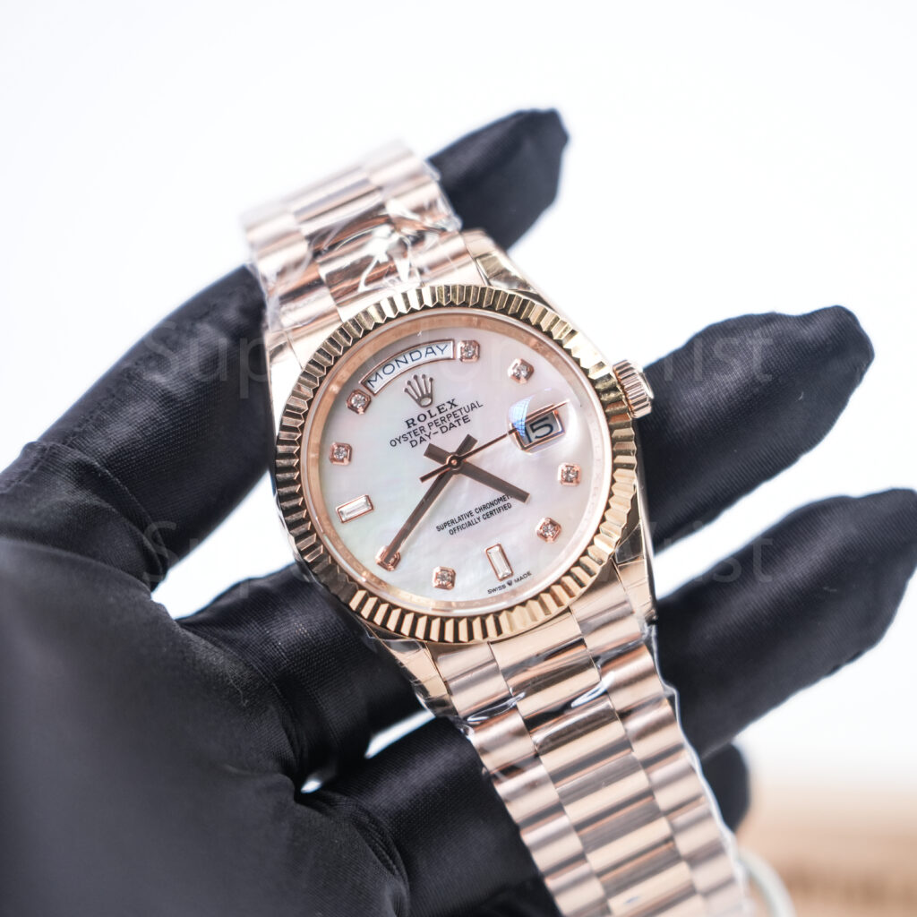 Rolex Day-Date 228235 Rose Gold Mother of Pearl Diamond Dial Fluted Bezel President Bracelet 40mm Replica Watches - 2
