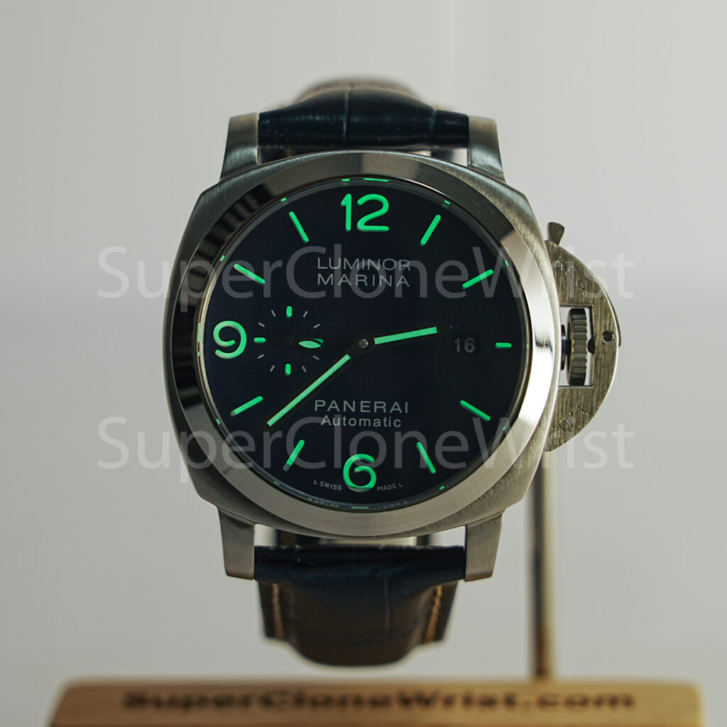 Panerai Luminor Marina PAM01313 Steel Blue Sunray Dial Polished Bezel Dark Blue Alligator Leather Strap 44mm Replica Watches - 2
