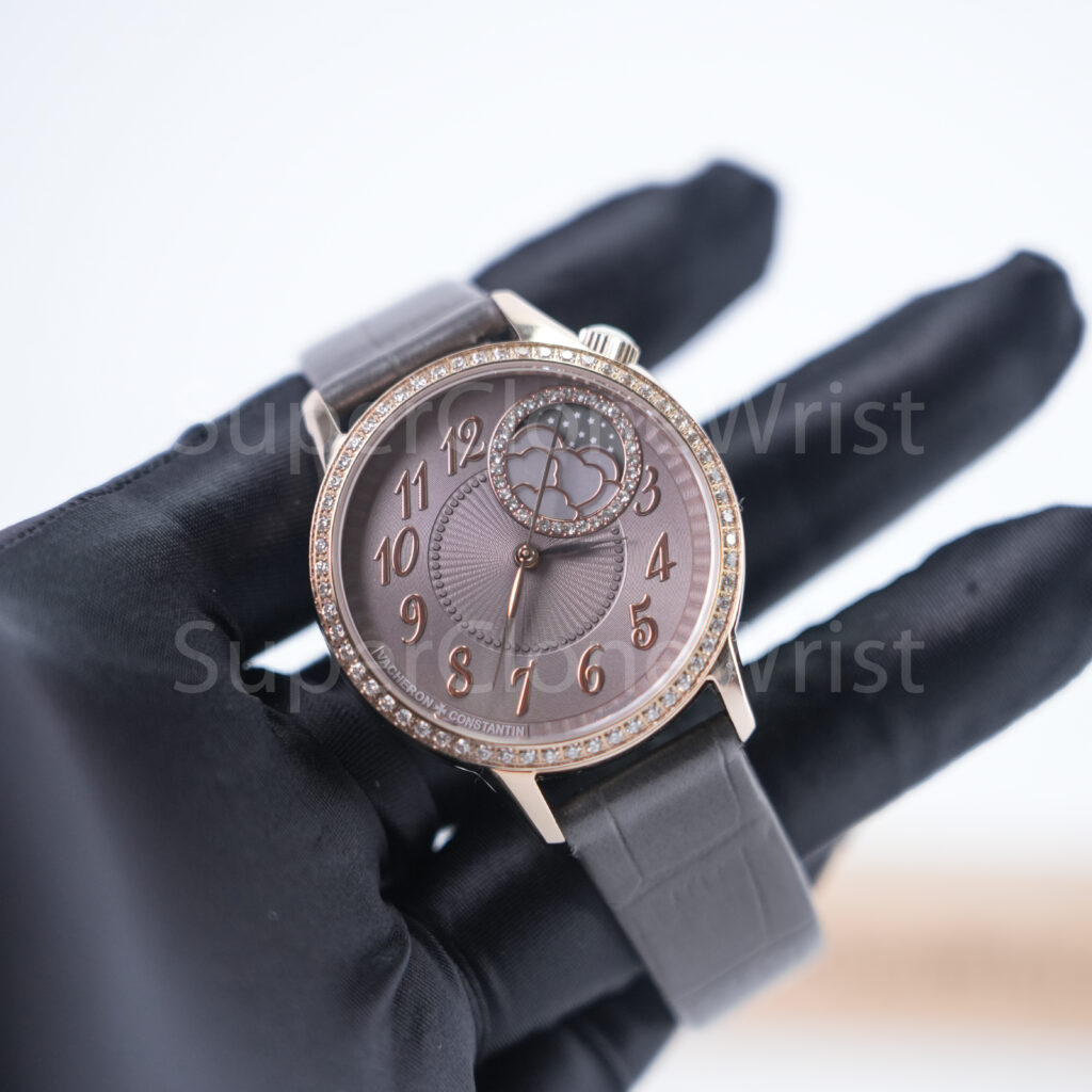 Vacheron Constantin Égérie 8005F/000R-B958 Rose Gold Pink-Purple Guilloché Dial Diamond Bezel Grey Leather Strap 35mm Replica Watches - 2