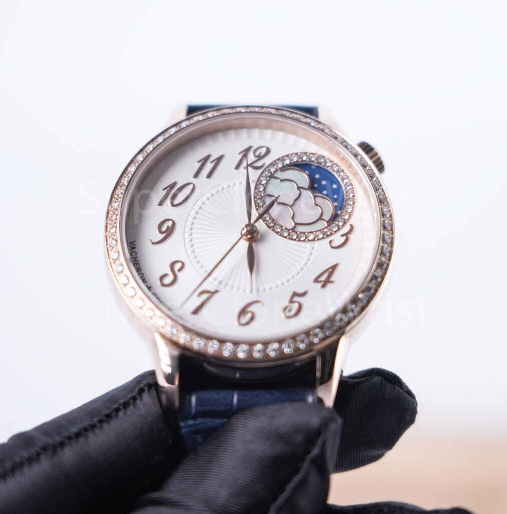 Vacheron Constantin Égérie 8005F/000R-B498 Rose Gold Silver Guilloché Dial Diamond Bezel Blue Leather Strap 35mm Replica Watches - 3