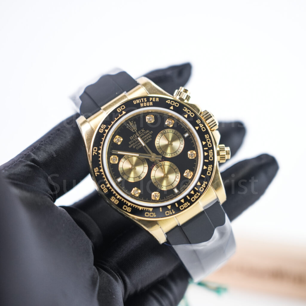 Rolex Cosmograph Daytona 126518LN 18K Yellow Gold Black Diamond Dial Ceramic Bezel Oysterflex Strap 40mm Replica Watches - 3