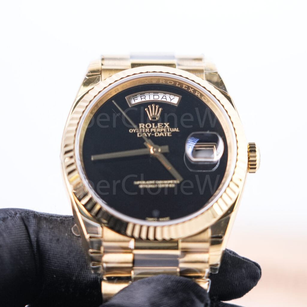 Rolex Day-Date 36 18238 18K Yellow Gold Black Onyx Dial Fluted Bezel President Bracelet Replica Watches - 3