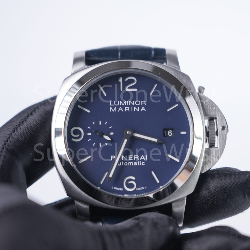 Panerai Luminor Marina PAM01313 Steel Blue Sunray Dial Polished Bezel Dark Blue Alligator Leather Strap 44mm Replica Watches - 4