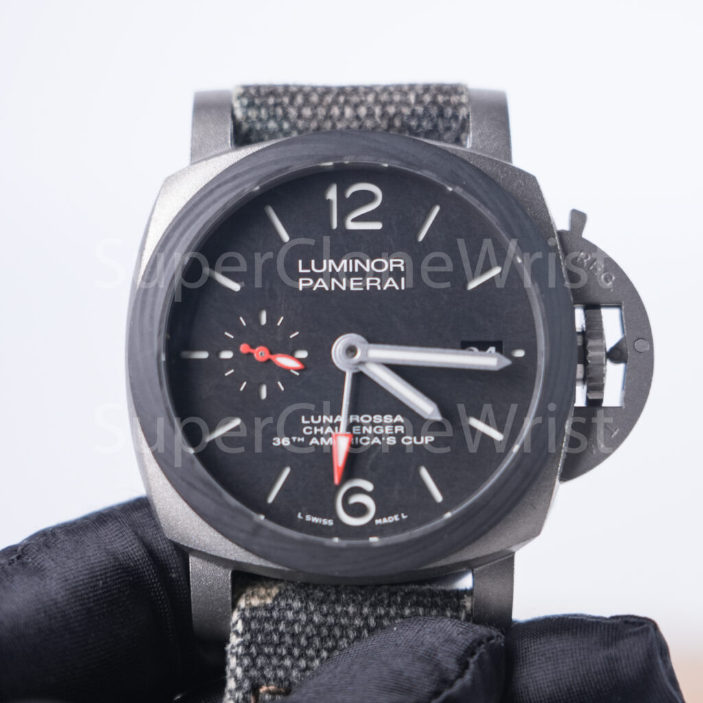 Panerai Luminor Luna Rossa GMT PAM01096 Titanium Scafotech Dial Carbotech Bezel Grey Fabric Strap 42mm Replica Watches - 4