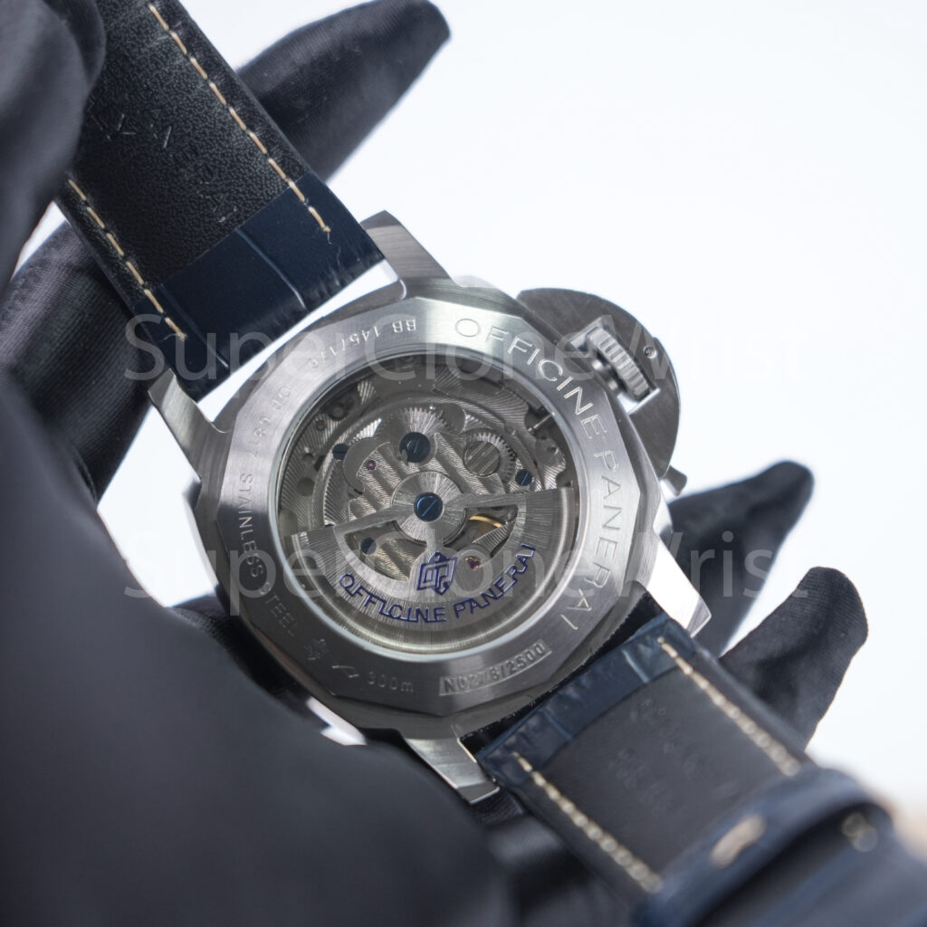 Panerai Luminor Marina PAM01313 Steel Blue Sunray Dial Polished Bezel Dark Blue Alligator Leather Strap 44mm Replica Watches - 7