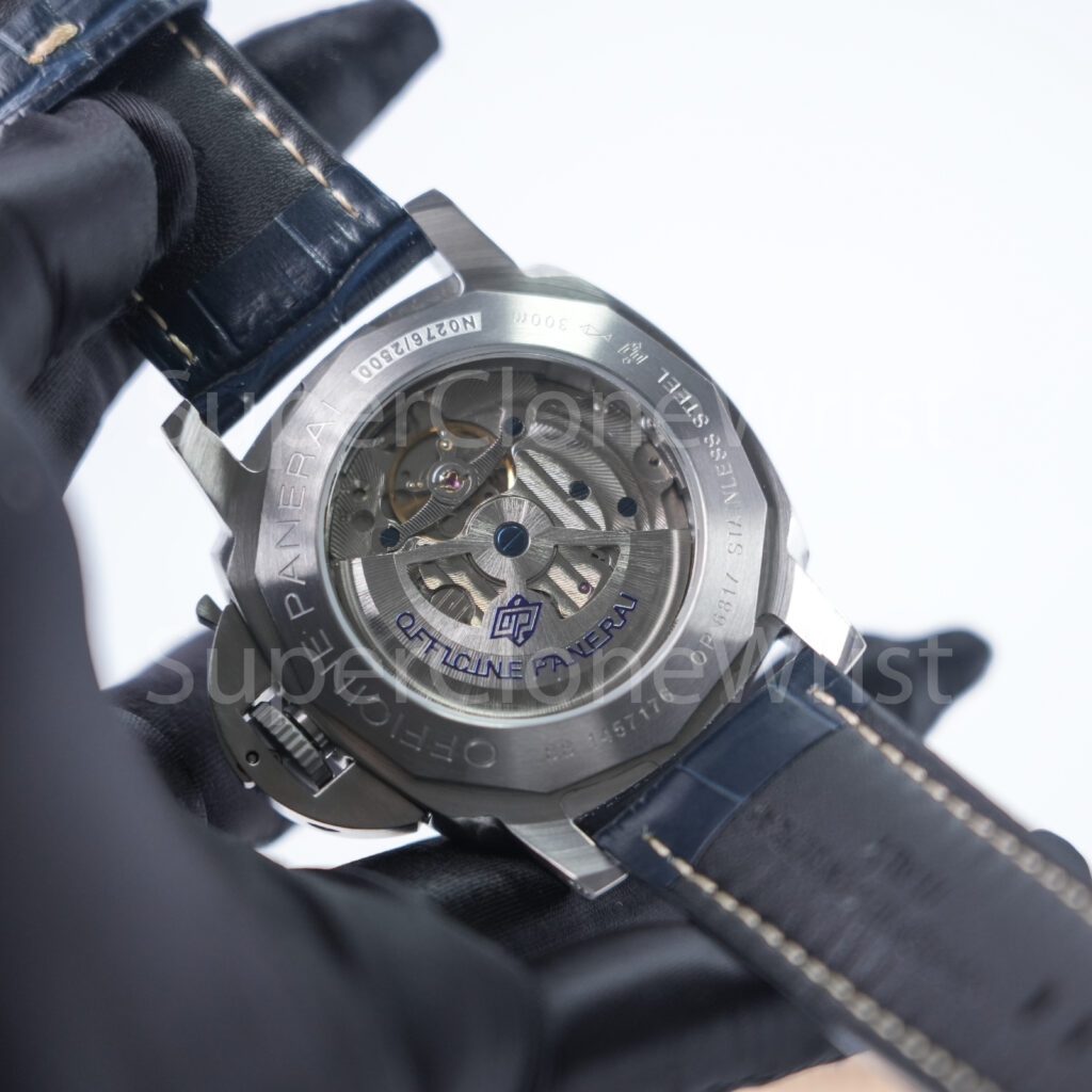 Panerai Luminor Marina PAM01313 Steel Blue Sunray Dial Polished Bezel Dark Blue Alligator Leather Strap 44mm Replica Watches - 8